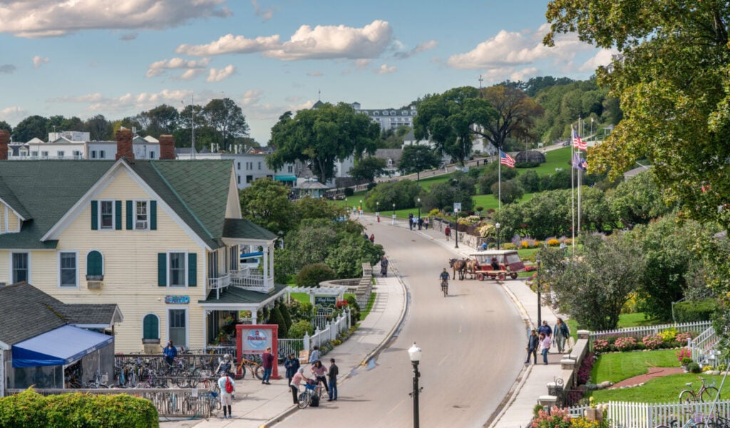 A view down mackinac island main street with no cars