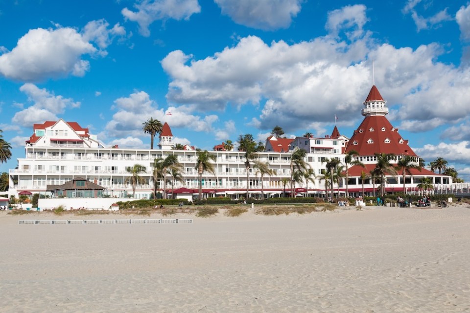 The iconic Hotel del Coronado on Coronado Central Beach. This historic beachfront hotel, built in 1888, was formerly the largest resort hotel in the world. 