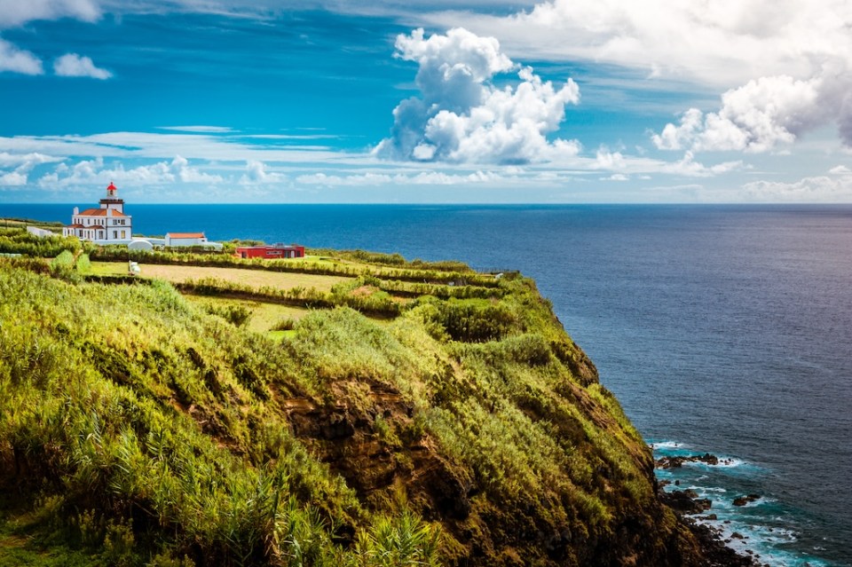 Beautiful view over Lighthouse Farol da Ponta da Ferraria in Sao Miguel Island Azores Portugal
