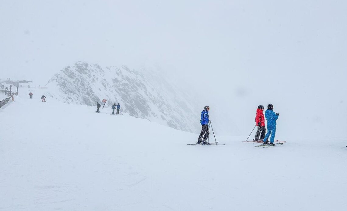 Skiers enjoying Alpine skiing at Stubai Glacier, Austria.