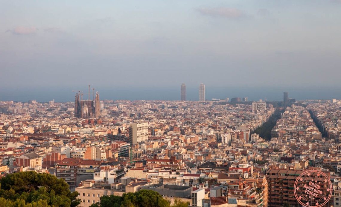 aerial view over Barcelona city on a hazy day