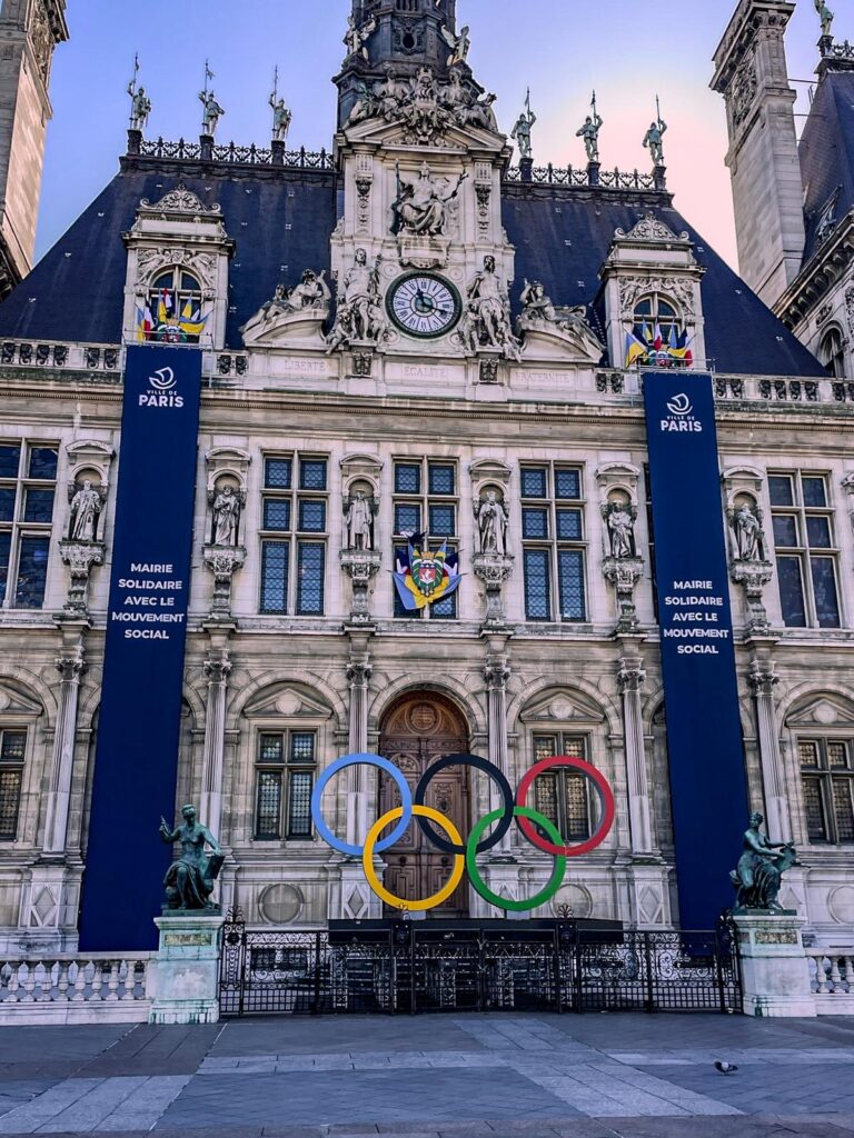 Iconic Olympic Rings at Hotel de Ville, Paris, France