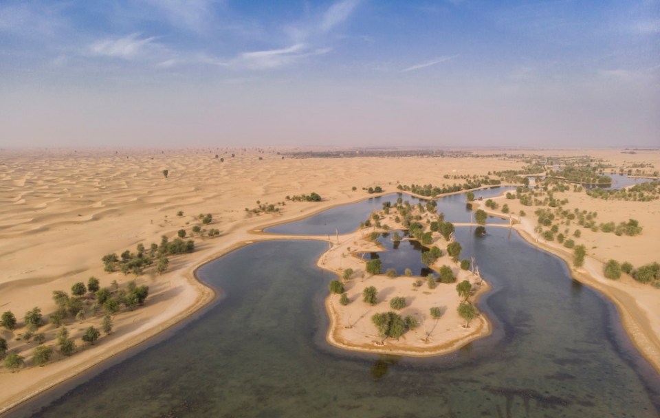 aerial view of Al Qudra Lakes in a desert near Dubai