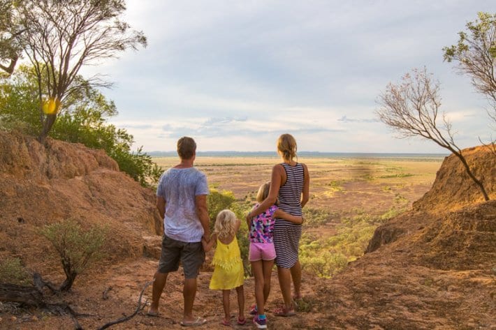 family looking at outback view from the Australian Age of Dinosaurs in Winton,