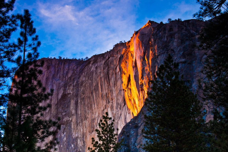 Horsetail falls lit up during sunset in Yosemite National Park,California