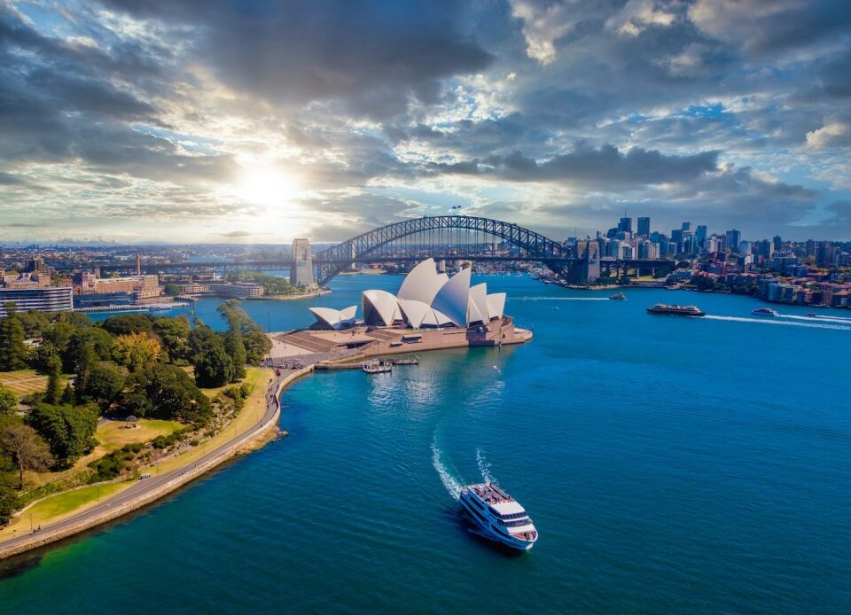 Sydney, Australia. Beautiful aerial view of the Sydney city from above with Harbour bridge, Opera house and the harbour