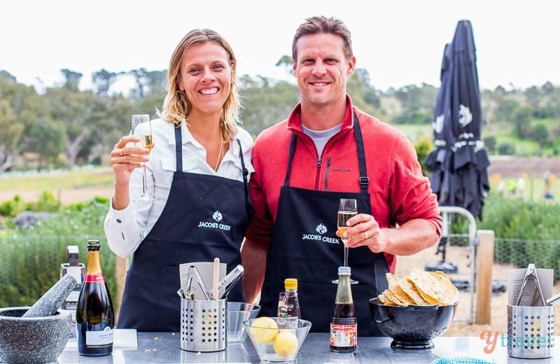 a couple doing a cooking class together at jacobs creek winery