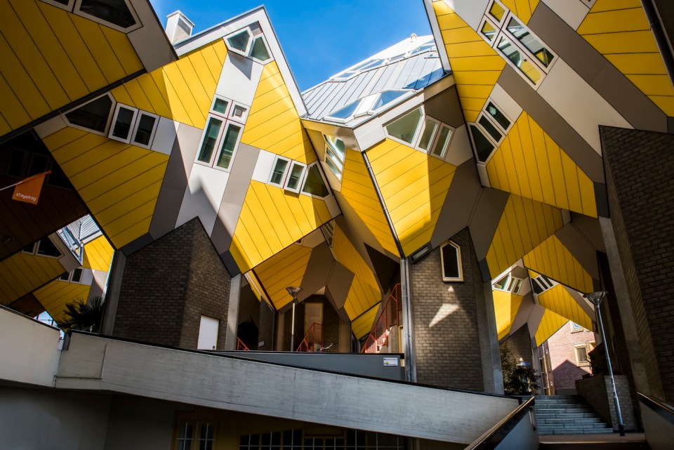 Rotterdam, The Netherlands - March 24, 2017: Yellow cube houses Rotterdam by architect Piet Blom, 1984.