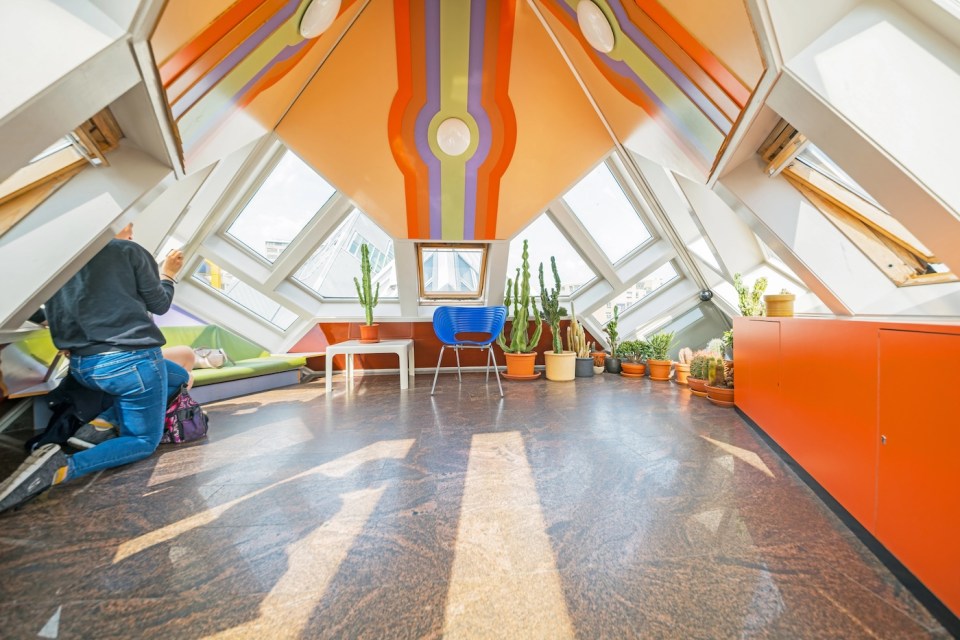 Interior deco in cube house in Rotterdam, a quirky deco in architecturally unusual angular cube shape apartment