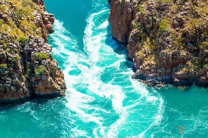 Horizontal Falls  gushing between a narrow channel between cliffs