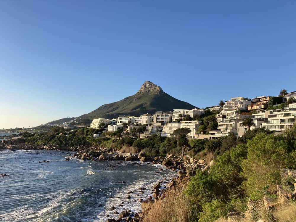 camps bay with table mountain behind it