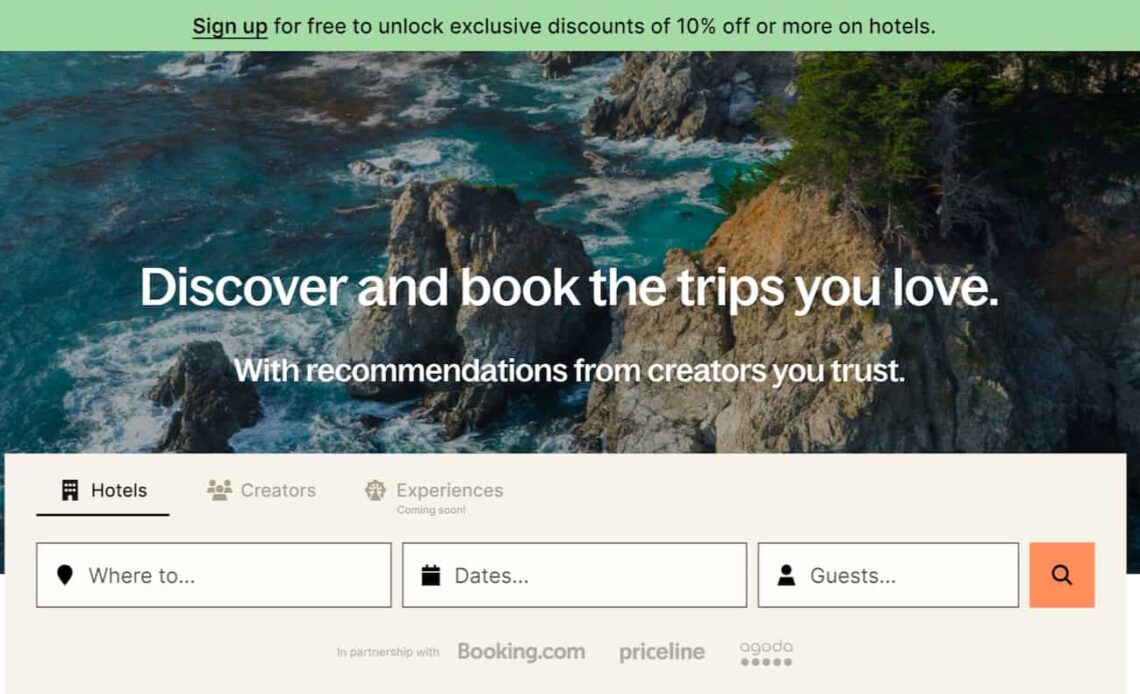 A screenshot from the Plannin hotel booking website's homepage