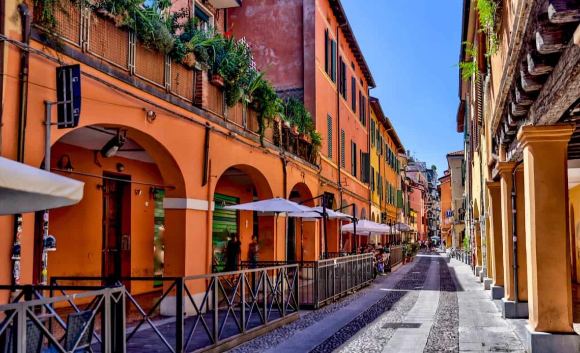 A quiet street in sunny Bologna, Italy while taking a walking tour