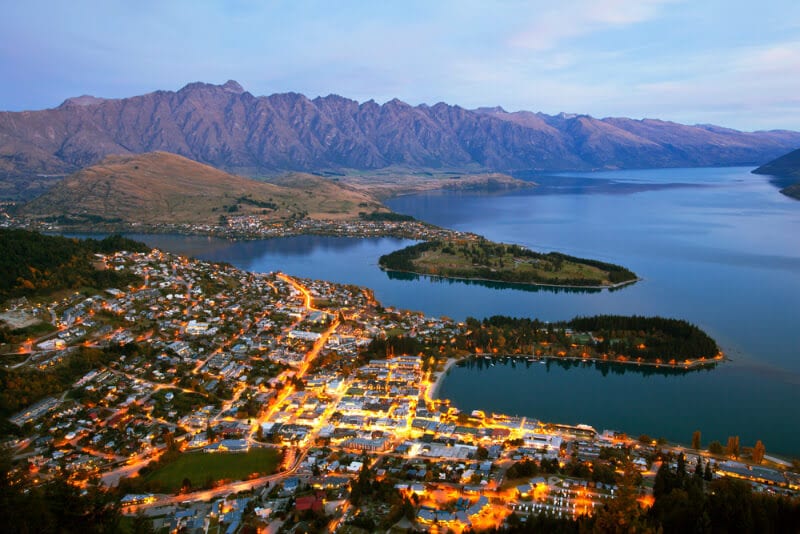 overlooking Queenstown and mountains at night