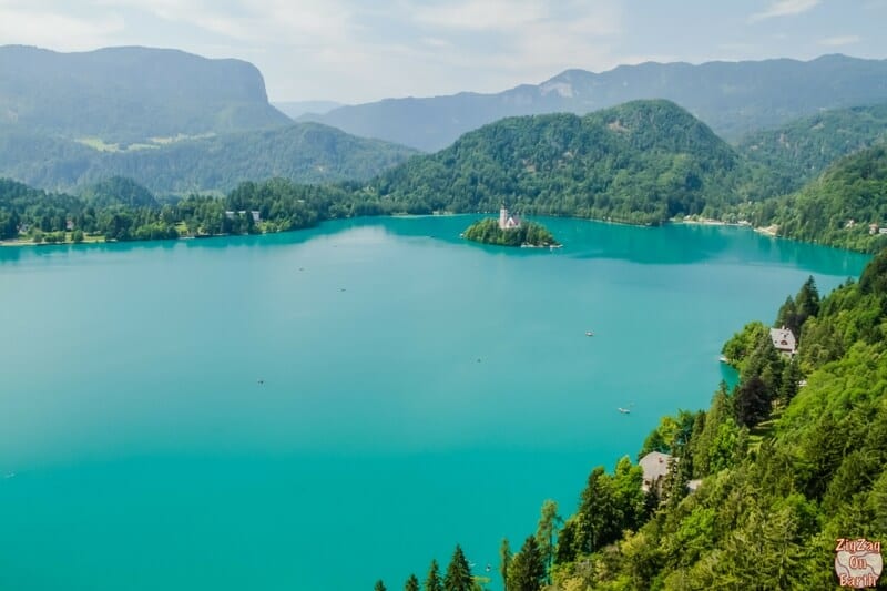 jade green water of lake bled from above