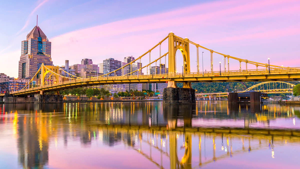 Pittsburgh city downtown skyline cityscape of USA at sunset