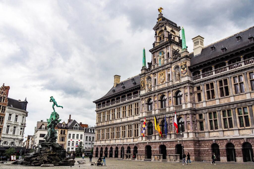 Historic Antwerp City Hall with Brabo Fountain at Grote Markt, Antwerp central square