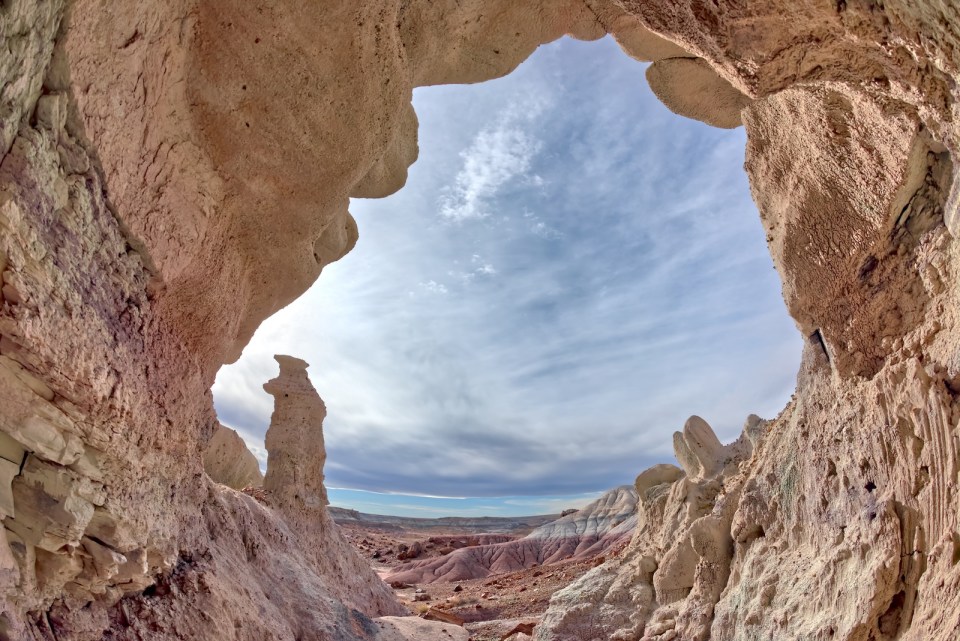 View from within a shallow cave in the Jasper Forest at Petrified Forest National Park Arizona.