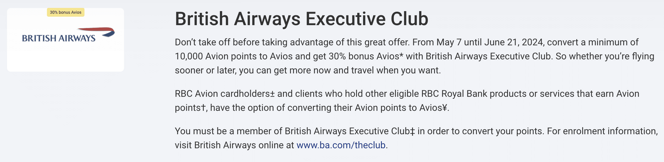 30% Transfer Bonus from RBC Avion to British Airways Executive Club (Ending Soon)