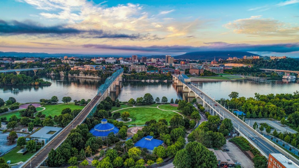 Drone Aerial View of Downtown Chattanooga Tennessee TN Skyline and Tennessee River