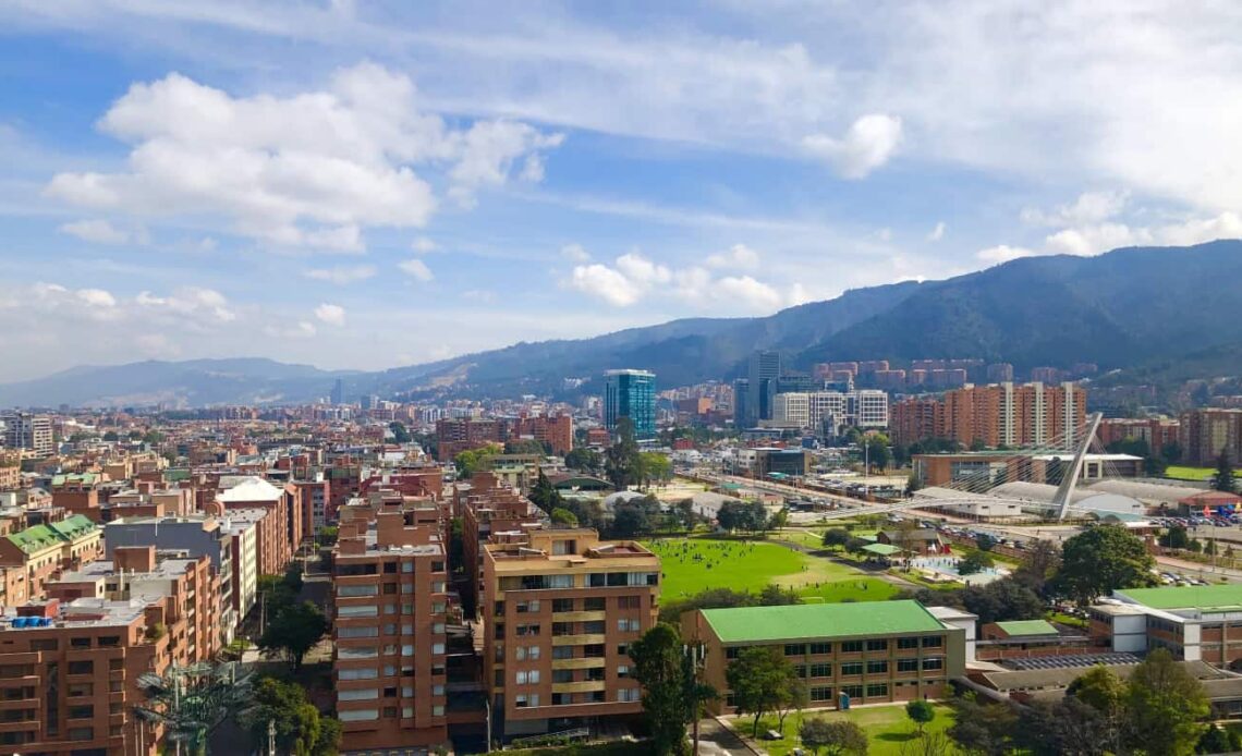 skyline of Bogotá, Colombia, with the city in the foreground and mountains in the background