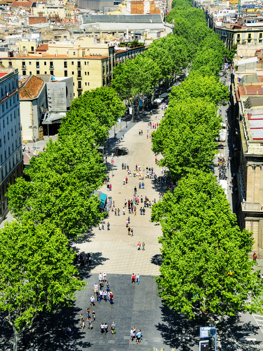 Aerial view of La Rambla of Barcelona, Spain