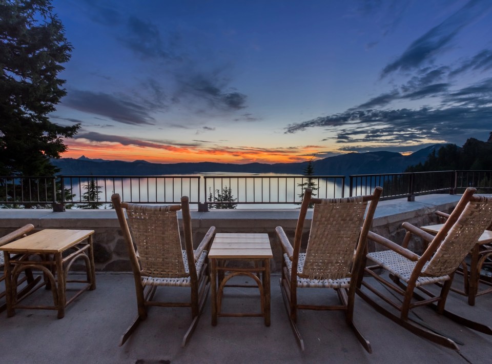 Rocking Chairs and Table Overlook Crater Lake Sunrise