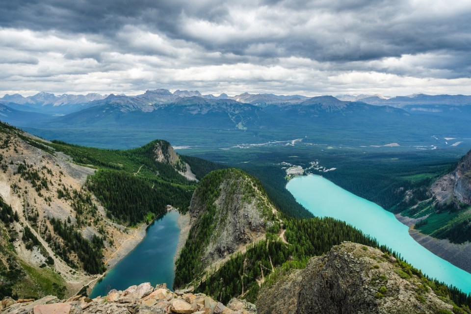 Panoramic view showing Lake Louise and Lake Agnes in Banff National Park, Alberta, Canada.