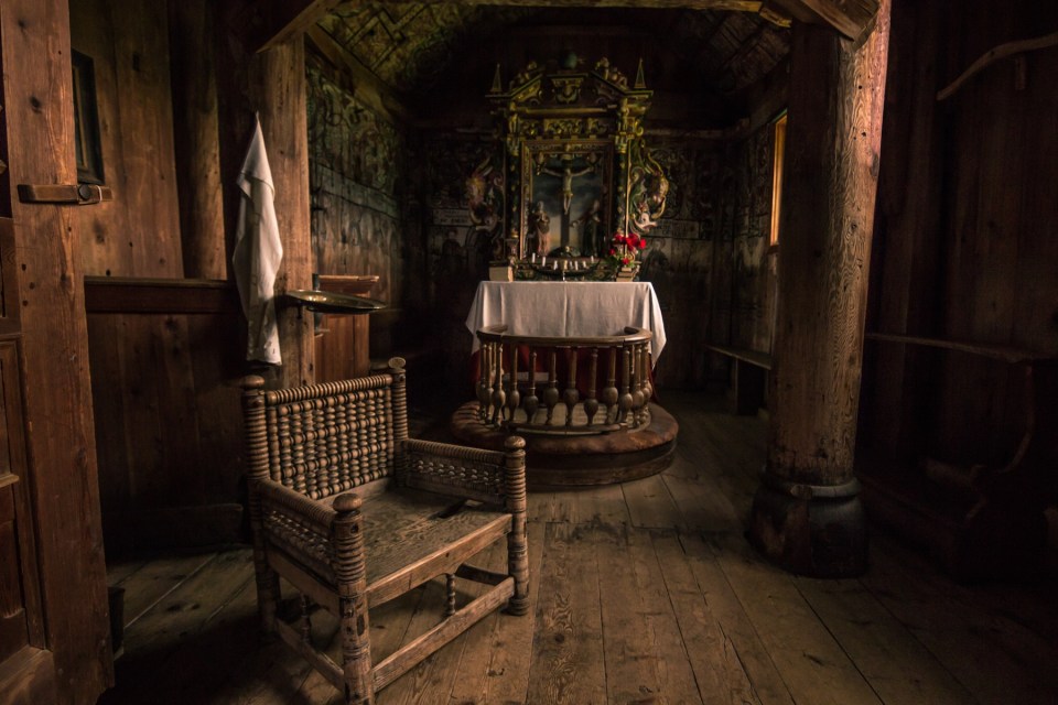 Details inside Urnes Stave Church, UNESCO site, in Ornes, Norway