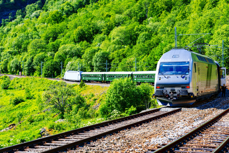 Train at famous Flam railway Flåmsbana line