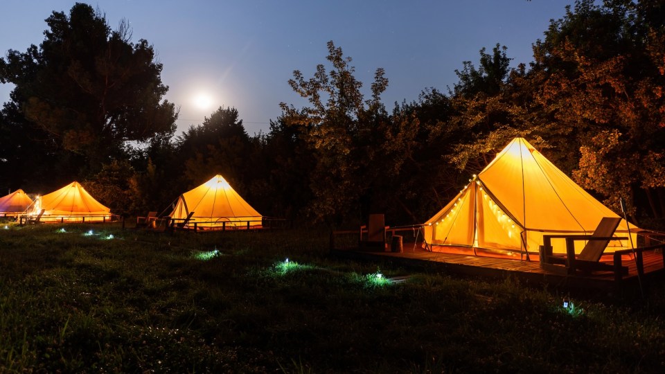 Glamping at night, few glowing tents, nightlights