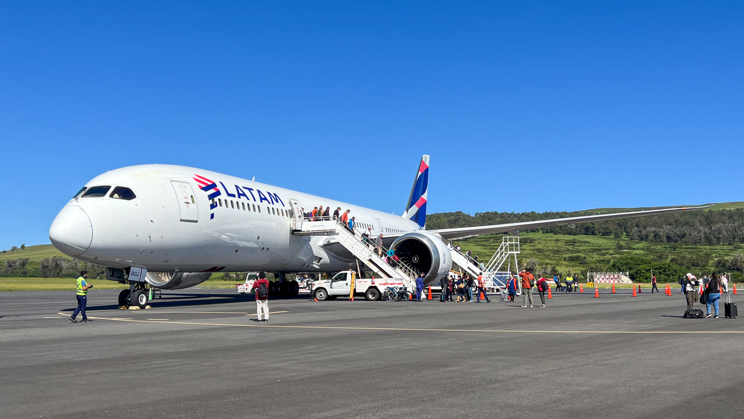 Our LATAM 787 Dreamliner on the tarmac at Mataveri International Airport on Rapa Nui (Easter Island).