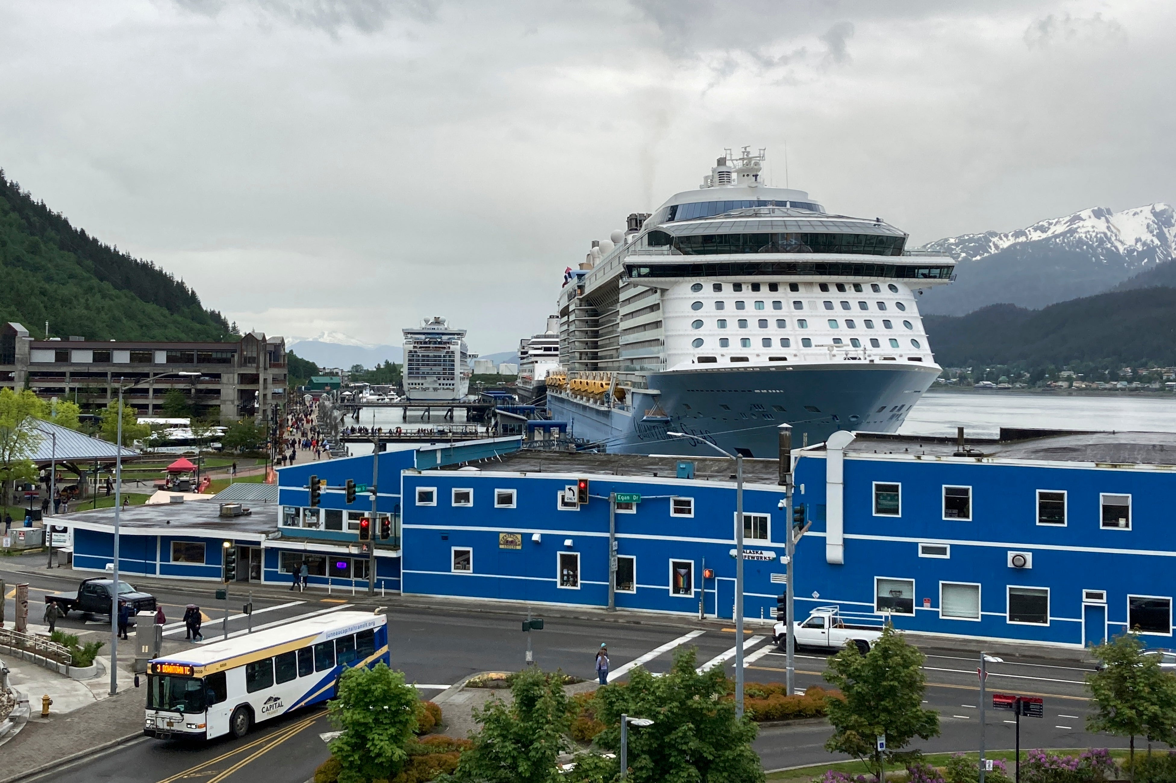 Cruise ships are docked on June 9, 2023, in downtown Juneau, Alaska