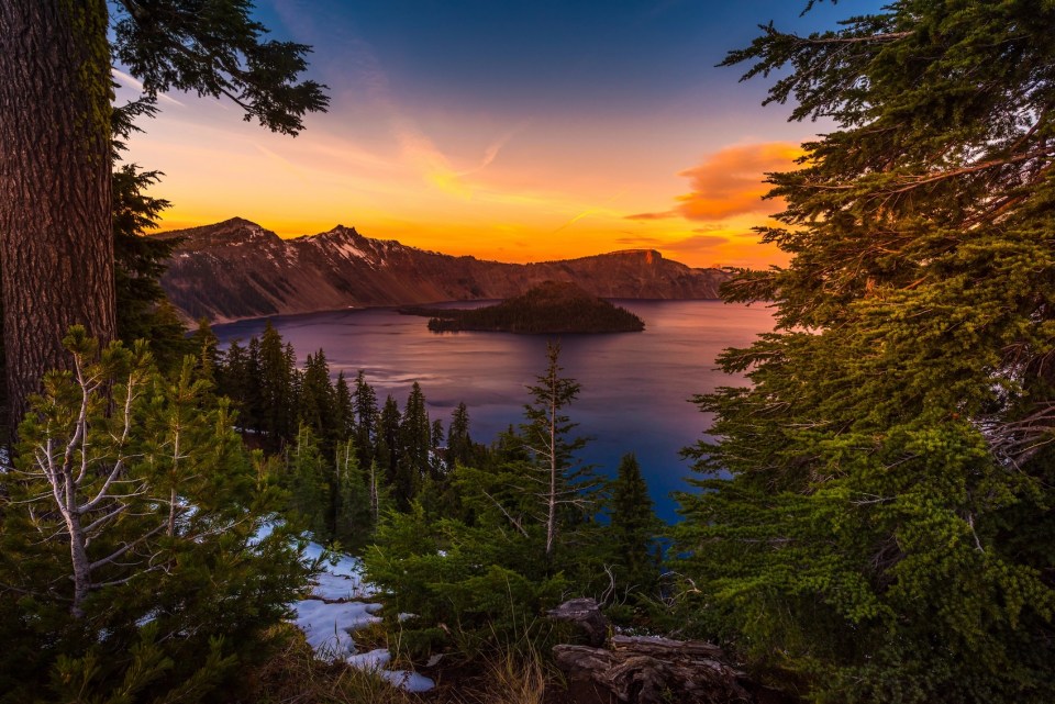 Crater Lake National Park Oregon at Sunset Wizard Island, Watchman and Hillman Peaks