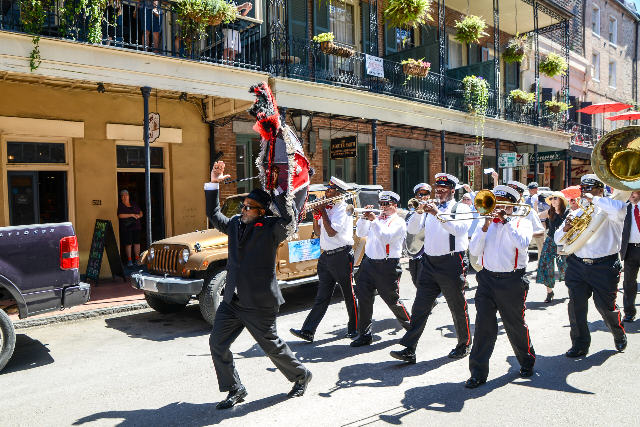 A Second Line band plays as it marches in the French Quarter in New Orleans, Louisiana.