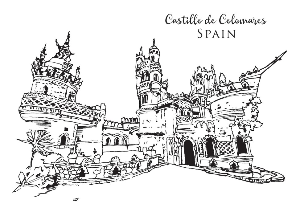 Drawing sketch illustration of Colomares Castle or Castillo de Colomares in Malaga, Spain