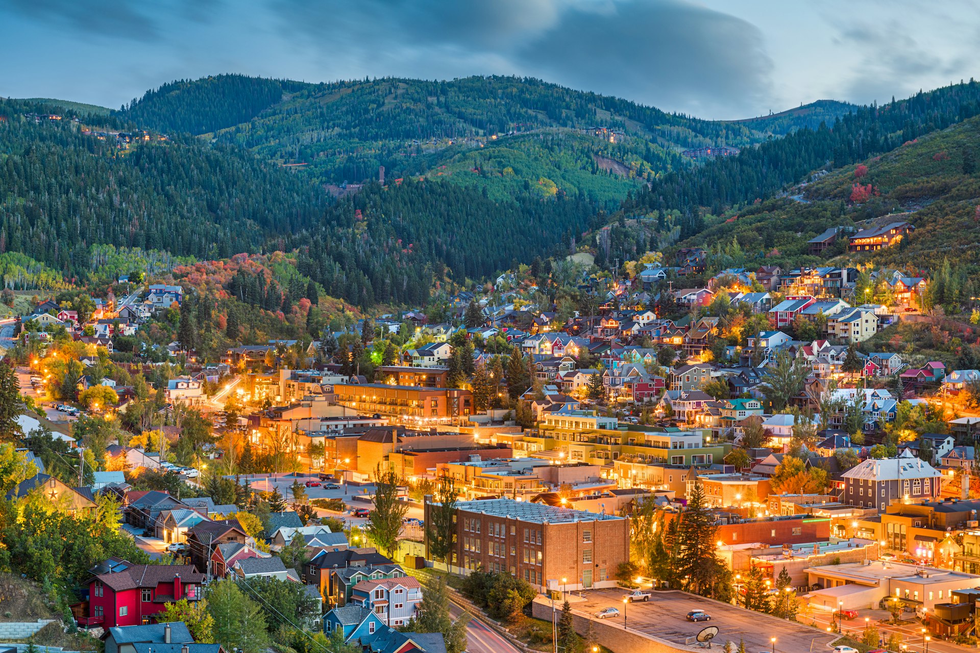 Park City, Utah, USA downtown in autumn at dusk