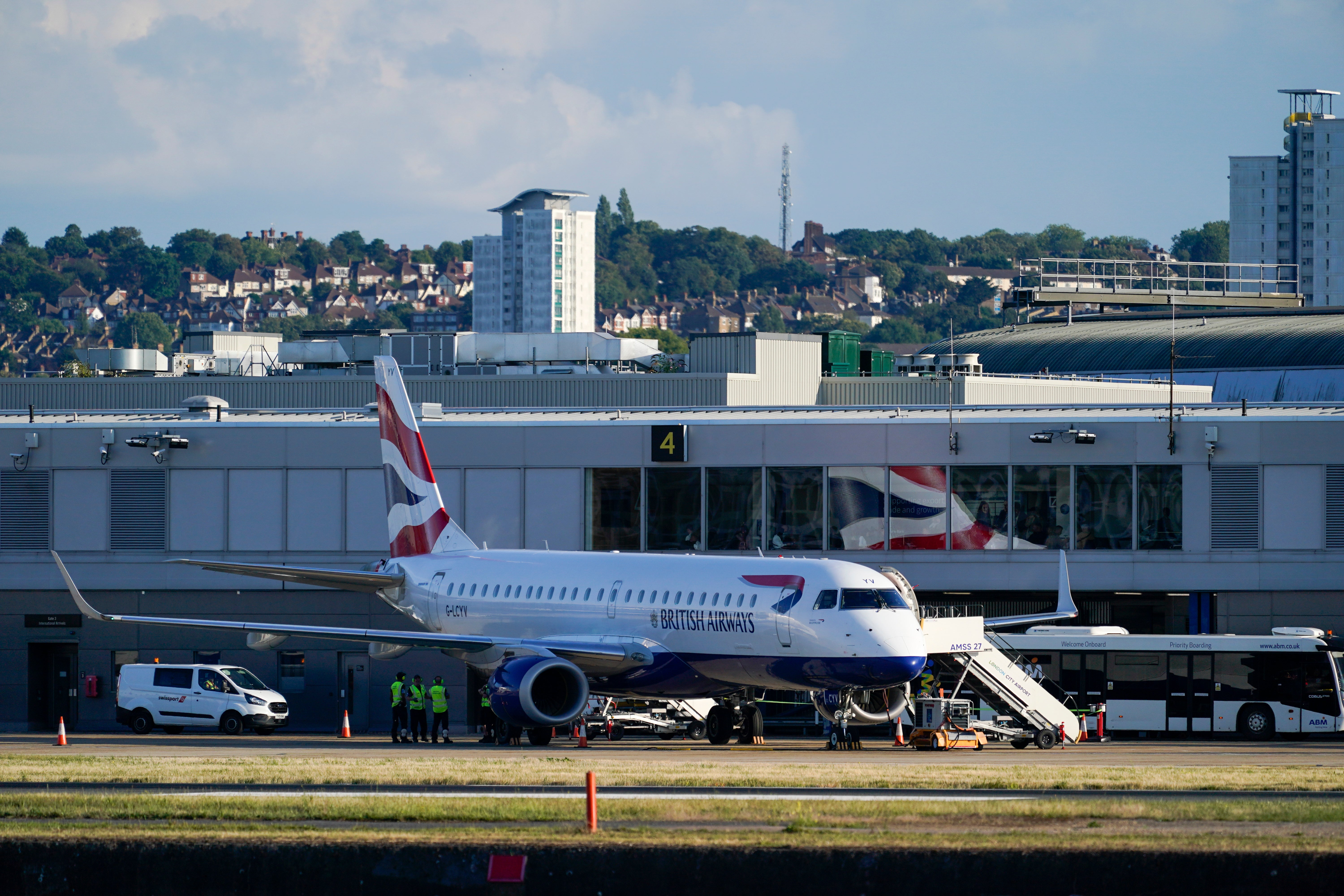 An airplane is seen grounded at London City Airport, in London, Monday, August 28, 2023.