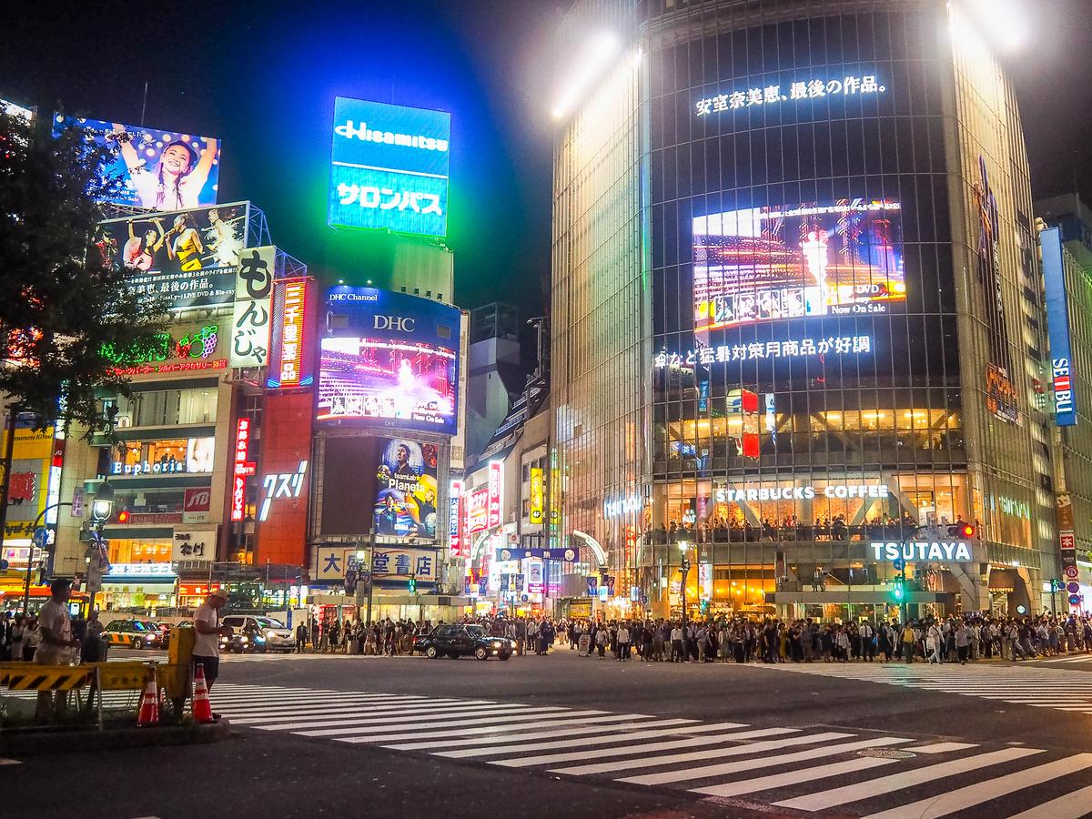 Shibuya Scramble Crossing illuminated at night with no pedestrians