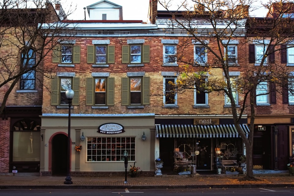 Speciality shops along Route 20, the main street through the small, charming village of Skaneateles in upstate New York