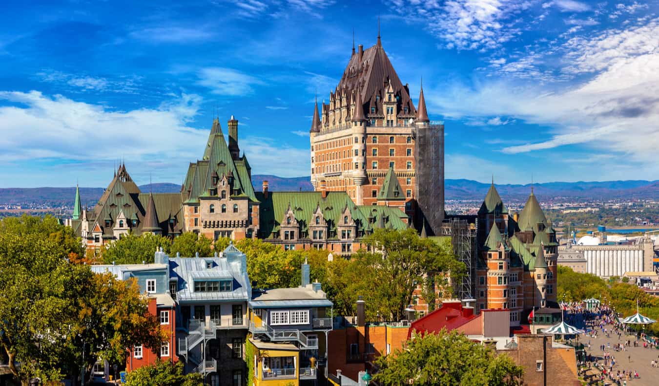 The iconic and massive Frontenac hotel in sunny Quebec City, Canada on a bright summer day