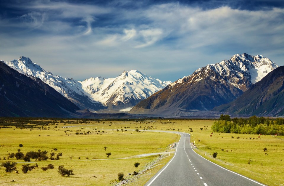 Landscape with road and snowy mountains, Southern Alps, New Zealand