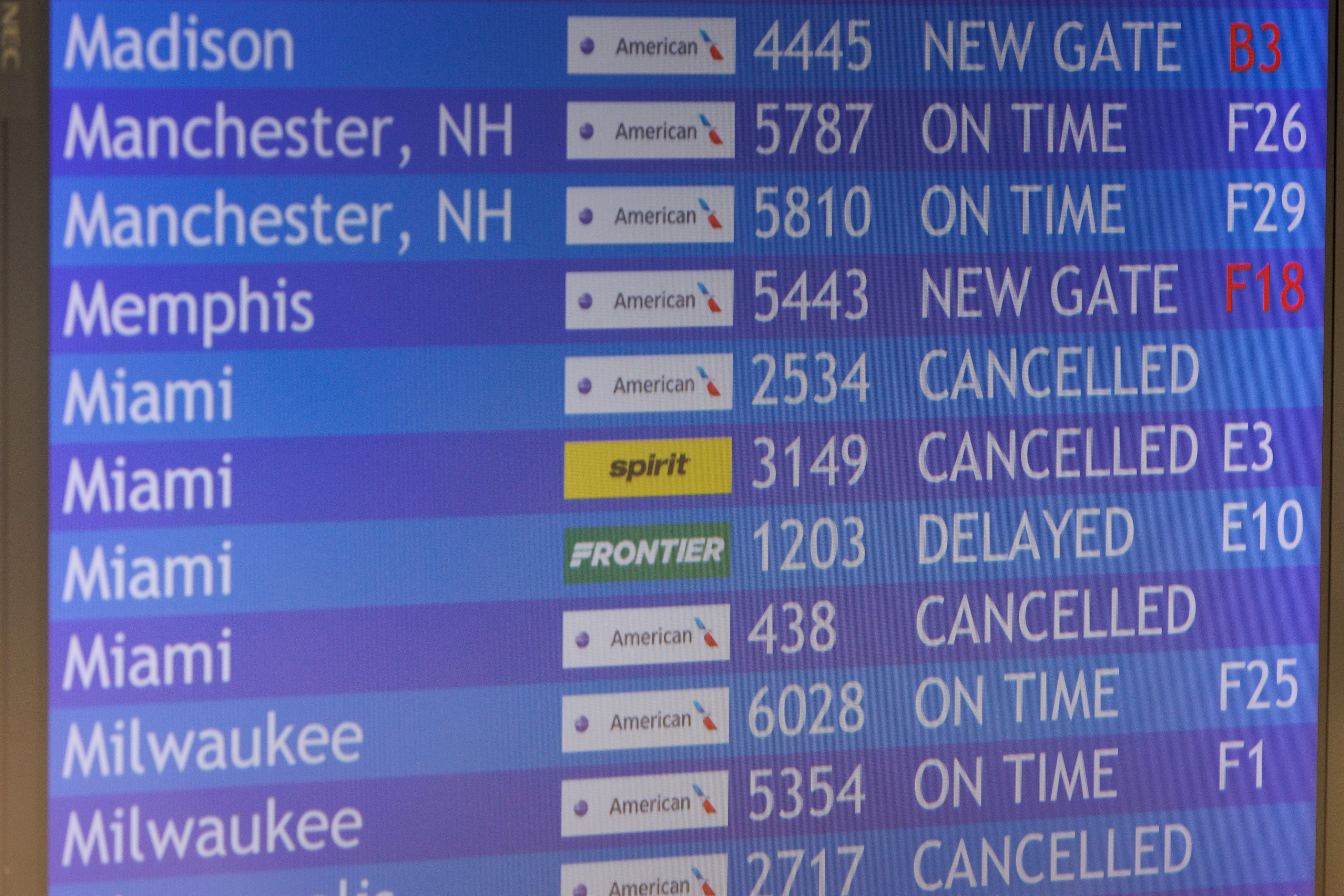 Flight departure information at Philadelphia International Airport