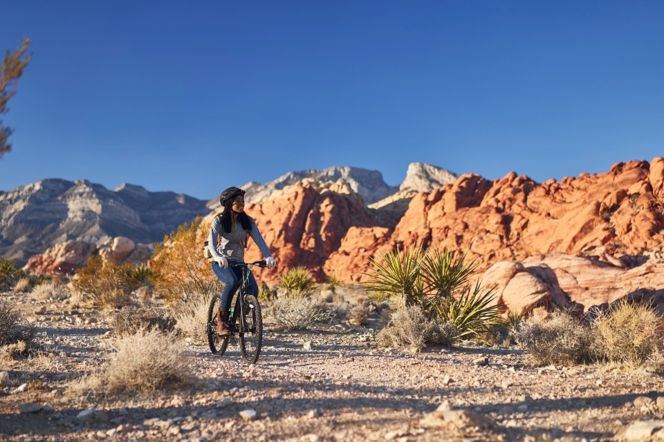 fit african american woman riding bicycle offroad in red rock canyon park