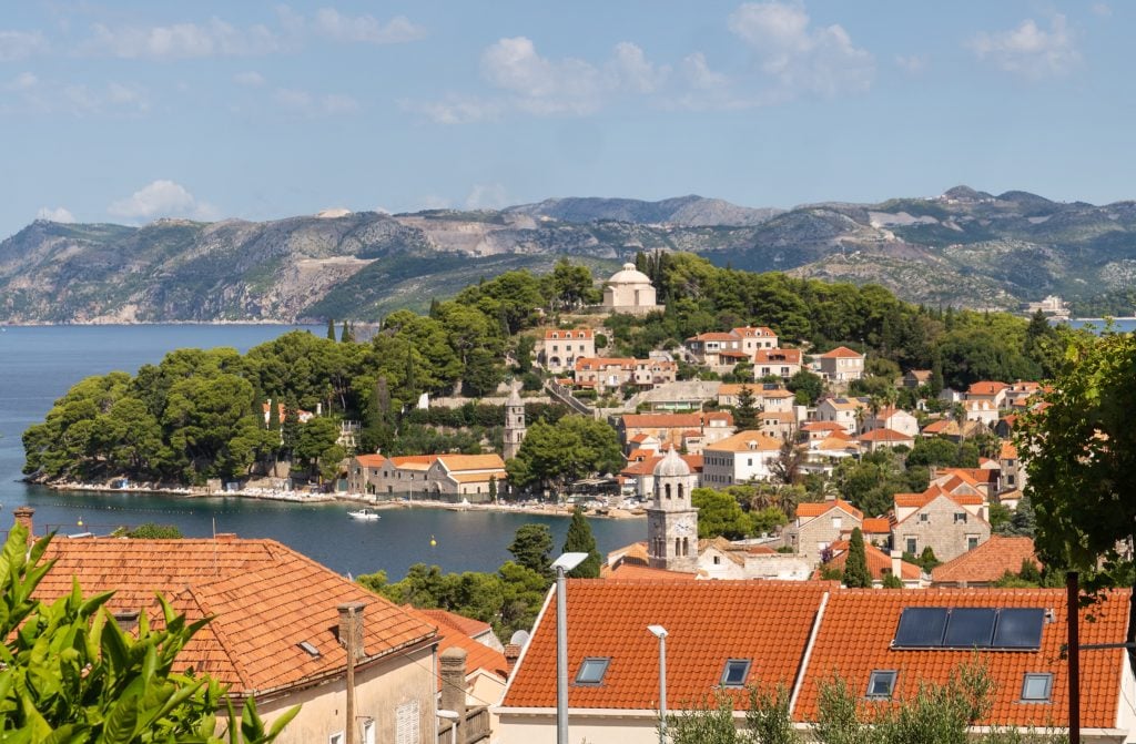 A view of a peninsula in the distance with a Croatian old town on it.