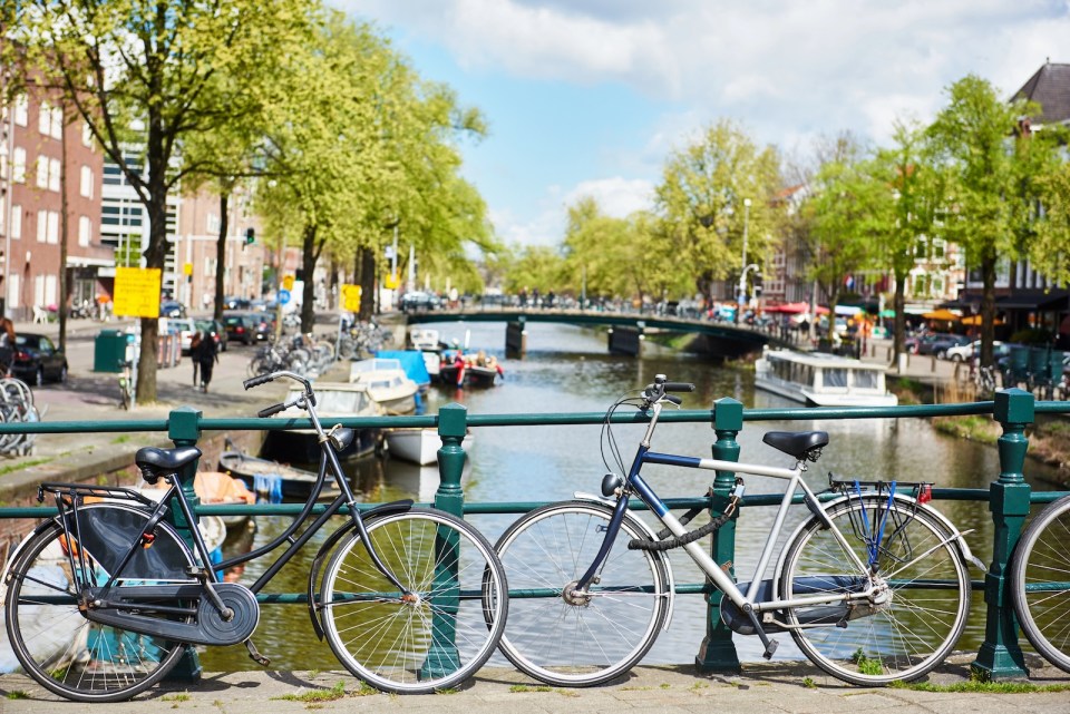 Two bicycles on the river channel bridge in Amsterdam