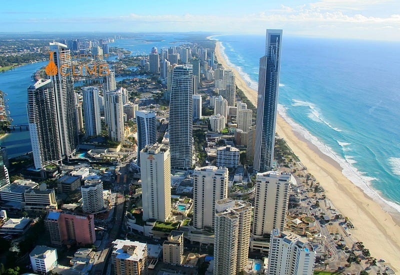 aerial view of surfers paradise beach and city buildings