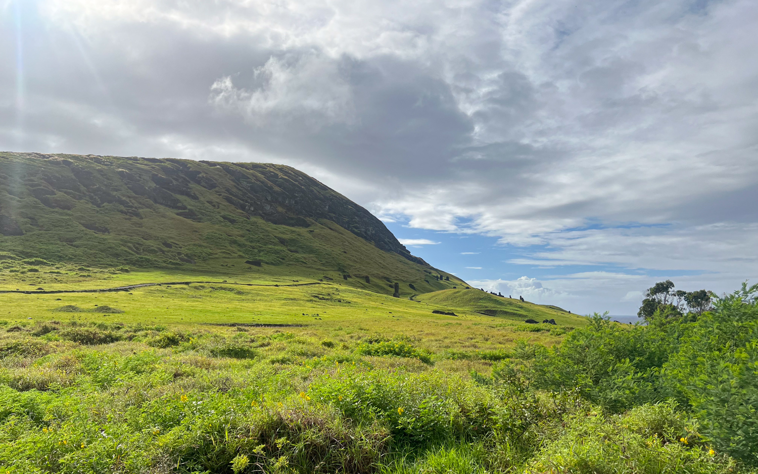 A distant view of Rano Raraku volcano on Rapa Nui.