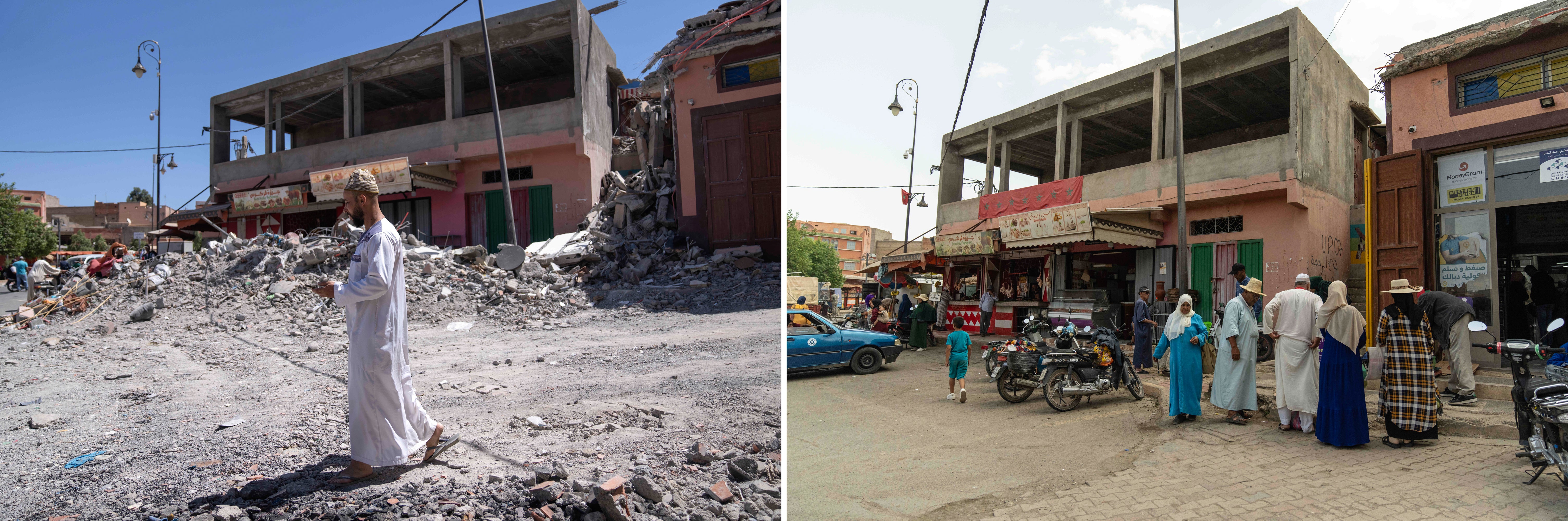 A man walks on a damaged road in the town of Amizmiz on September 2023 (two days after the earthquake) and people shopping for food at the same area on 4 September 2024