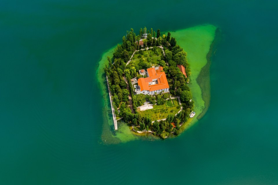 Beautiful island of Visovac on lake in Krka national park, Dalmatia, Croatia